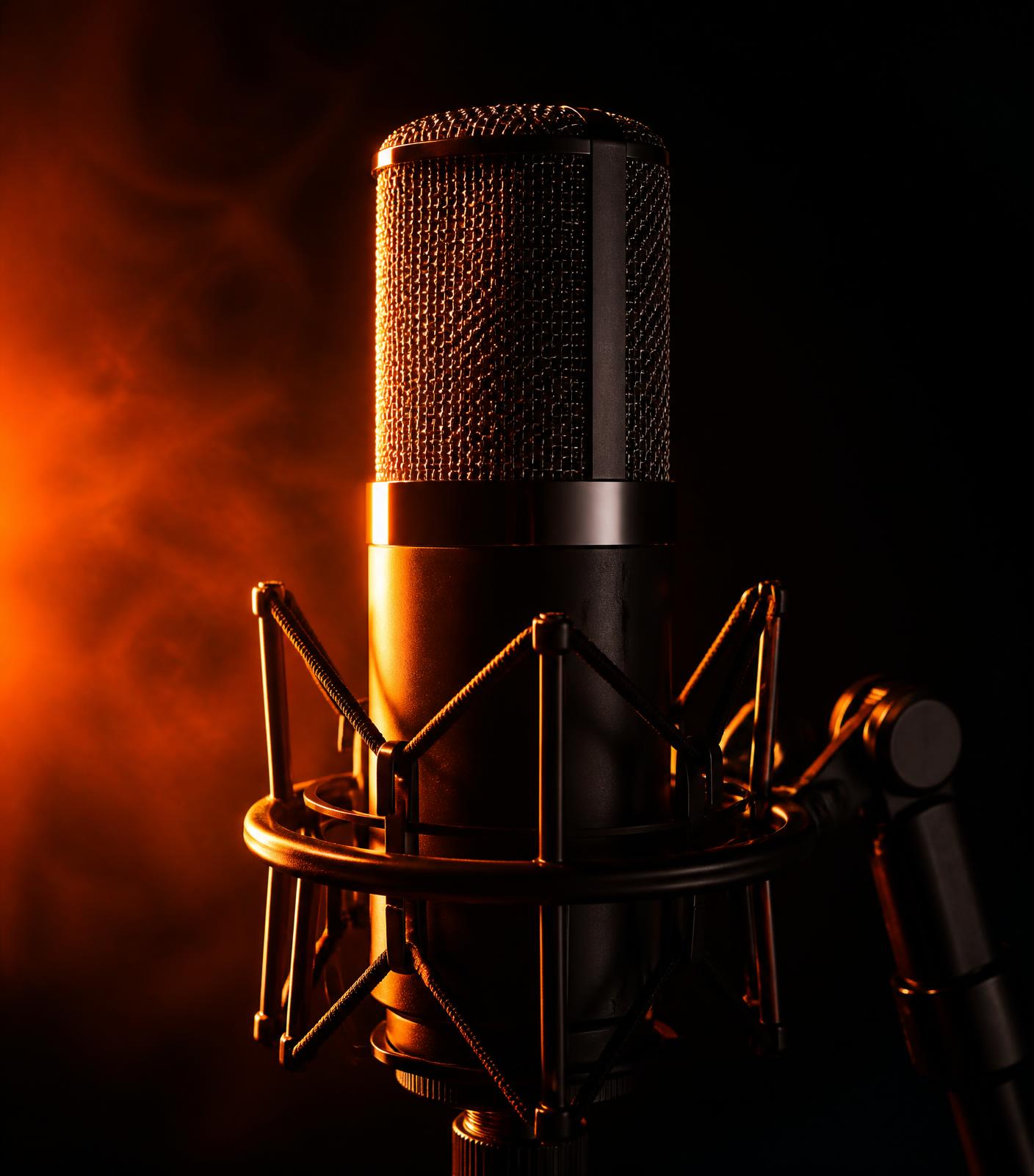 Studio condenser microphone lit by a single warm light source